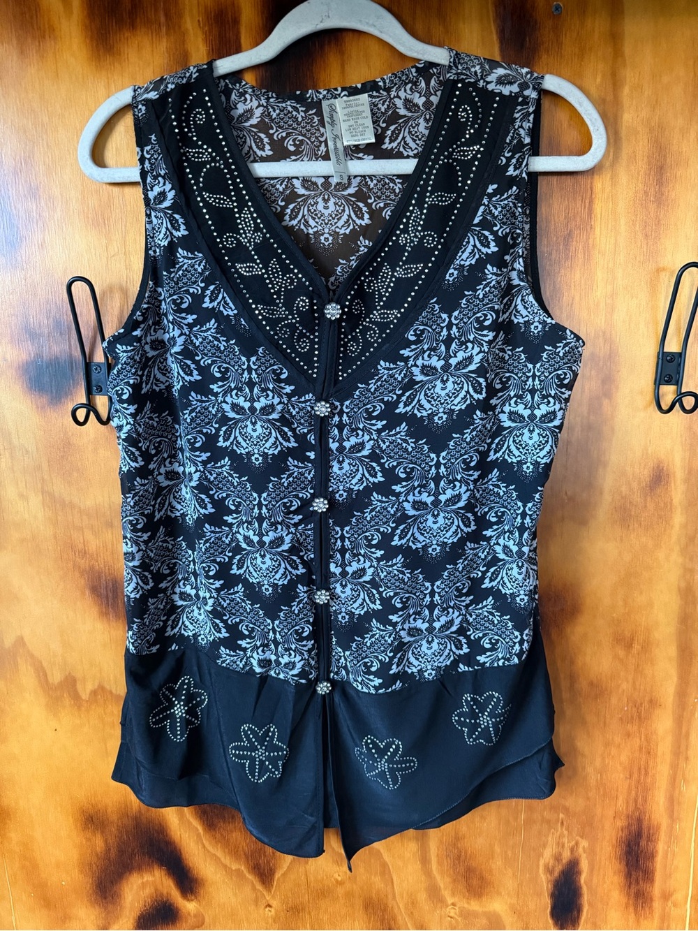 Simply Irresistible Black Tank Top with Light Blue Damask Print and Stud Accents